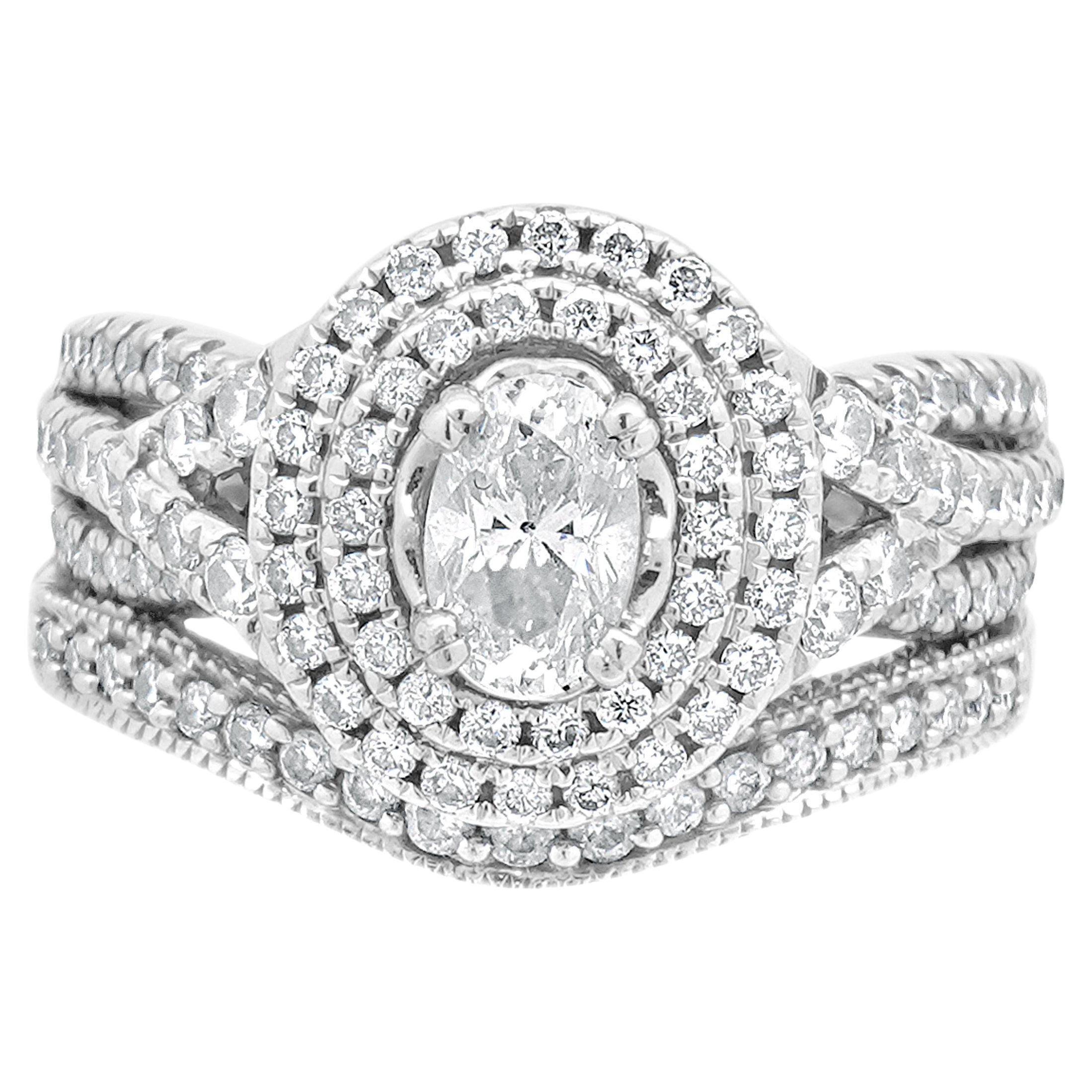 14 Karat Weißgold Oval Diamond Double Halo w/Milgrain Hochzeit Set im Angebot