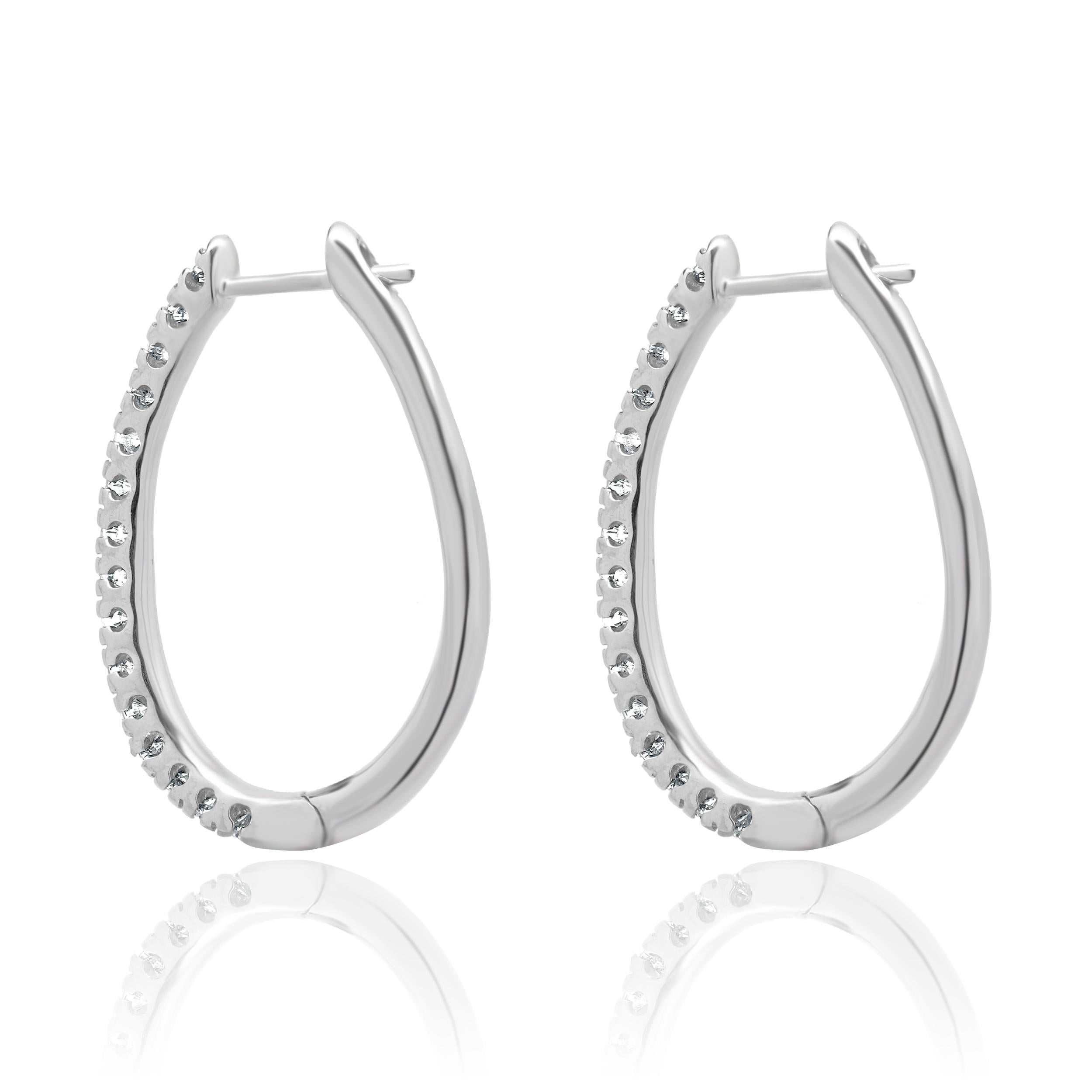Round Cut 14 Karat White Gold Oval Diamond Hoop Earrings For Sale