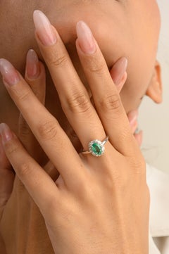 Oval Emerald Halo Diamond 14 Karat White Gold Engagement Ring Gift for Her