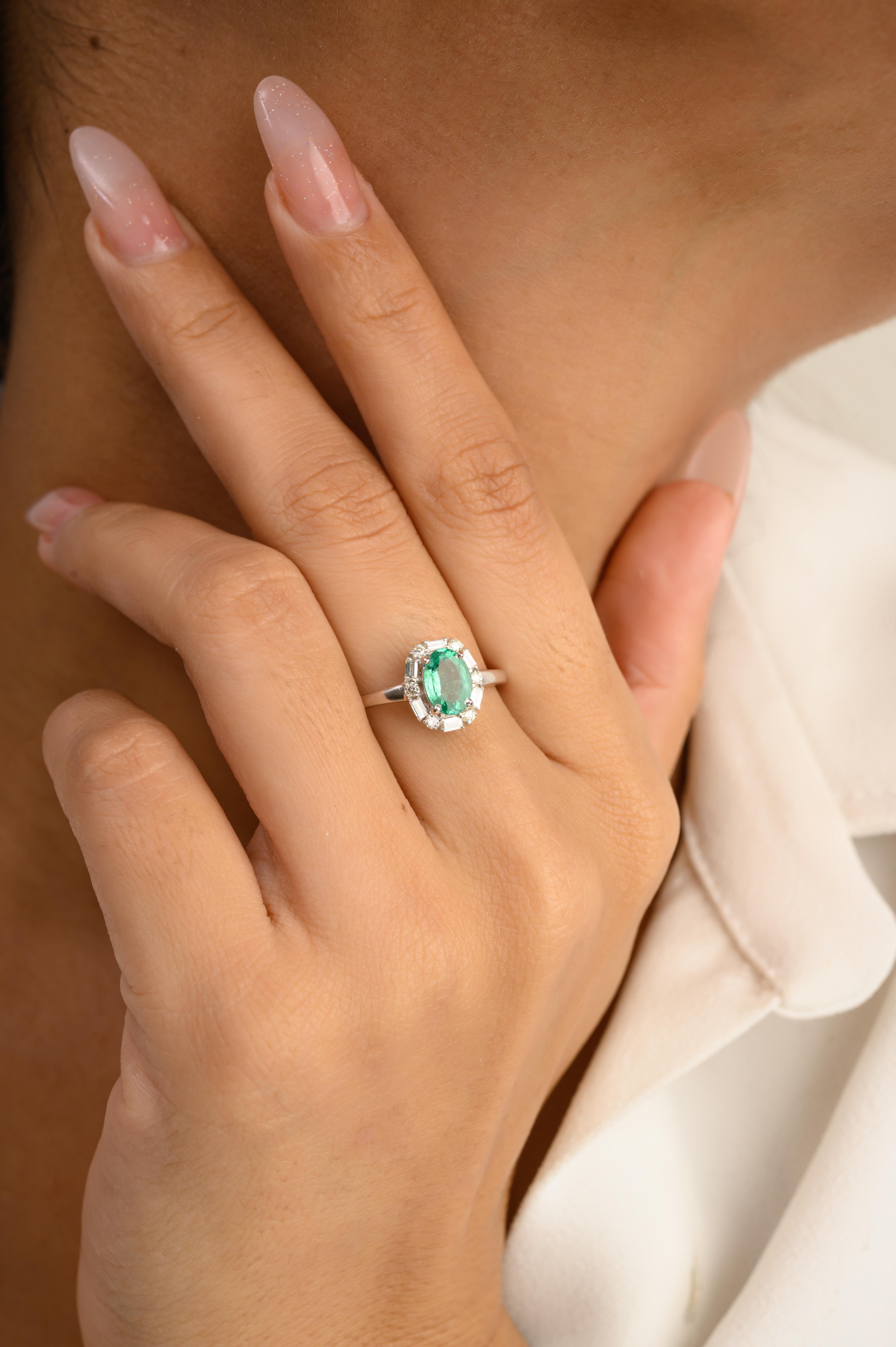 For Sale:  Oval Emerald Halo Diamond 14 Karat White Gold Engagement Ring Gift for Her 4