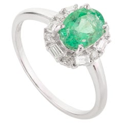 Bague de fiançailles en or blanc 14 carats, émeraude ovale, halo de diamant, cadeau pour elle