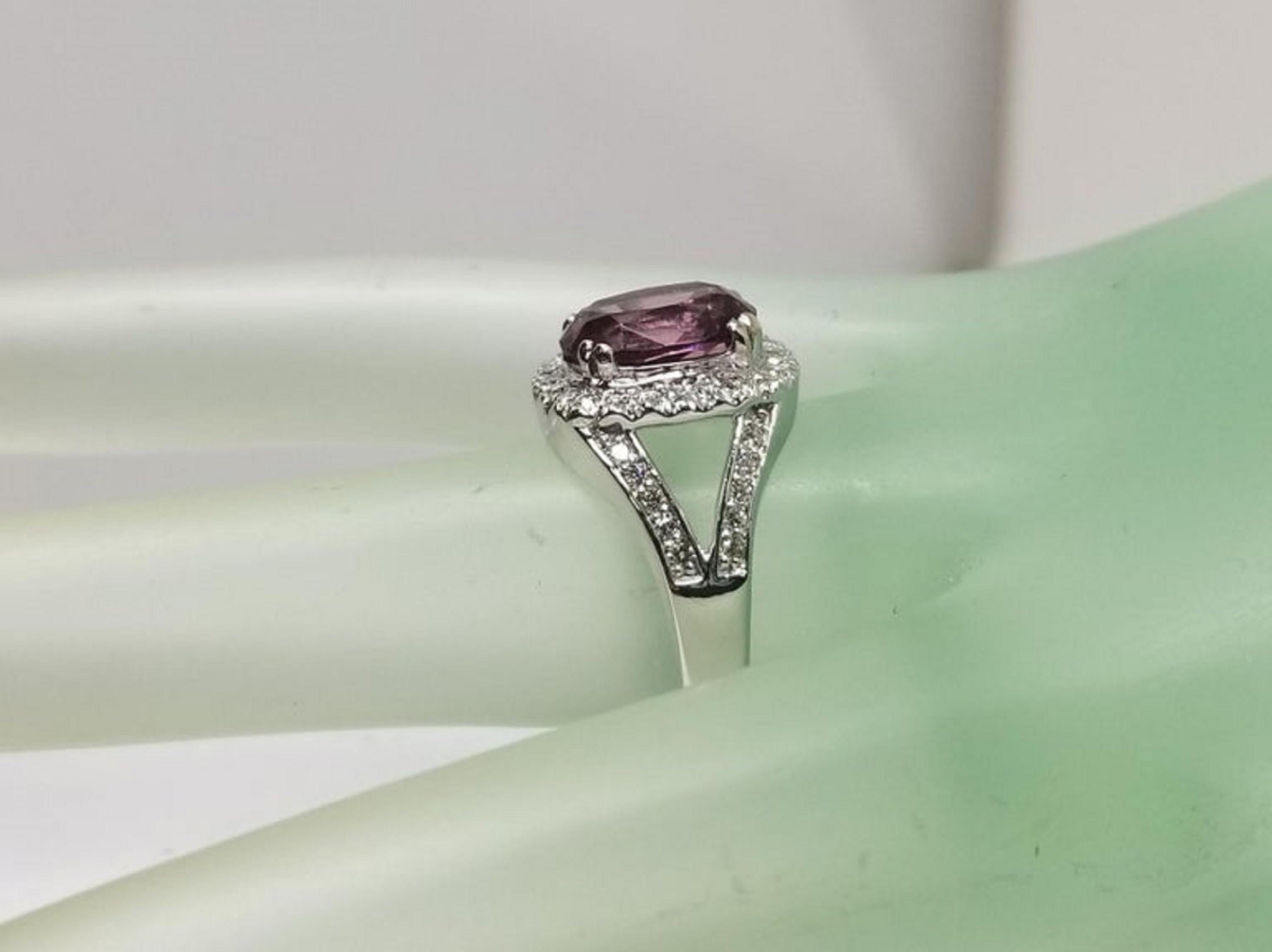 14 Karat White Gold Oval Pink Tourmaline Diamond Halo Ring For Sale 2