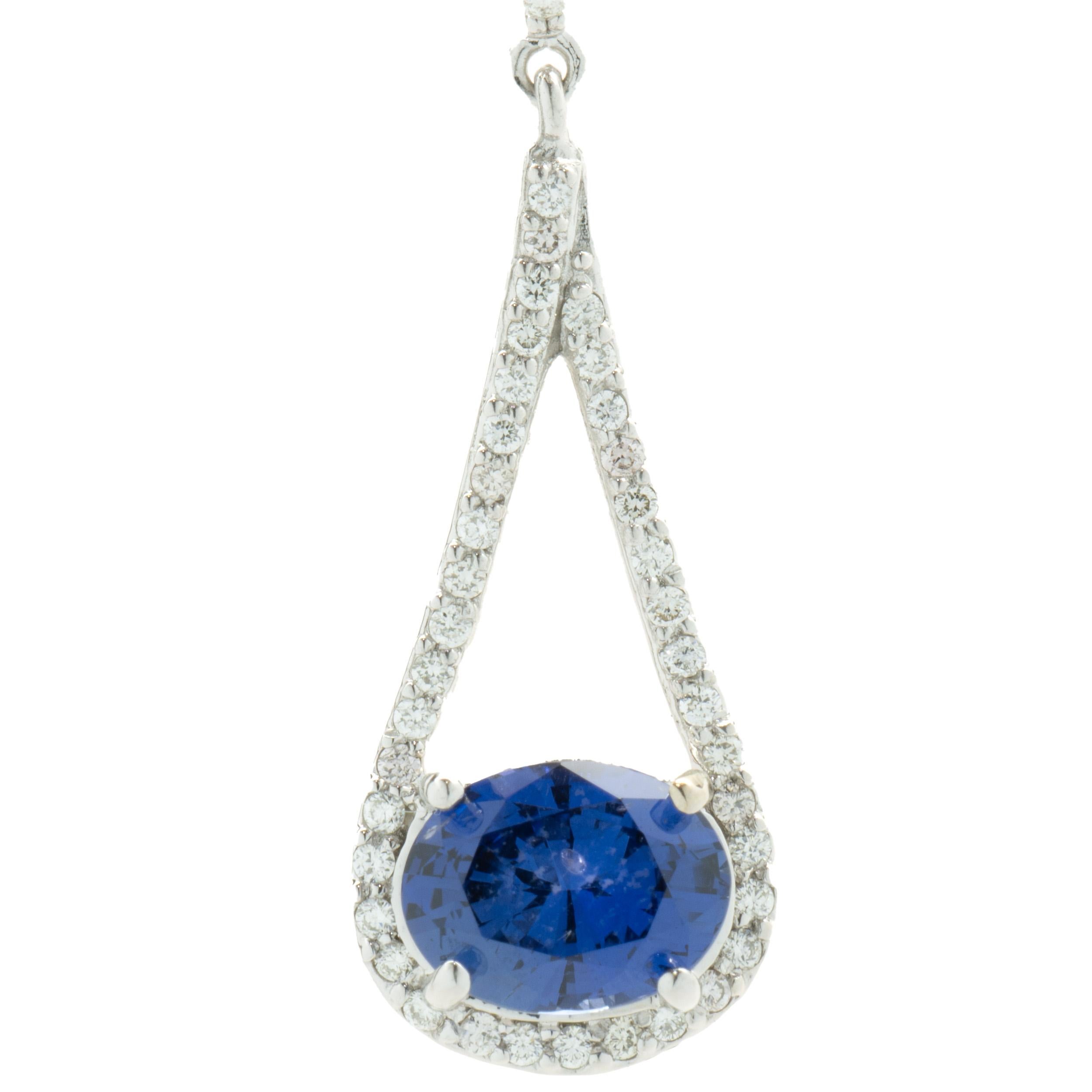 Designer: custom
Material: 14K white gold
Diamond: 44 round brilliant cut = 0.25cttw
Color: H
Clarity: SI1
Sapphire: 1 oval cut = 2.15ct
Dimensions: necklace measures 18-inches in length
Weight: 4.63 grams