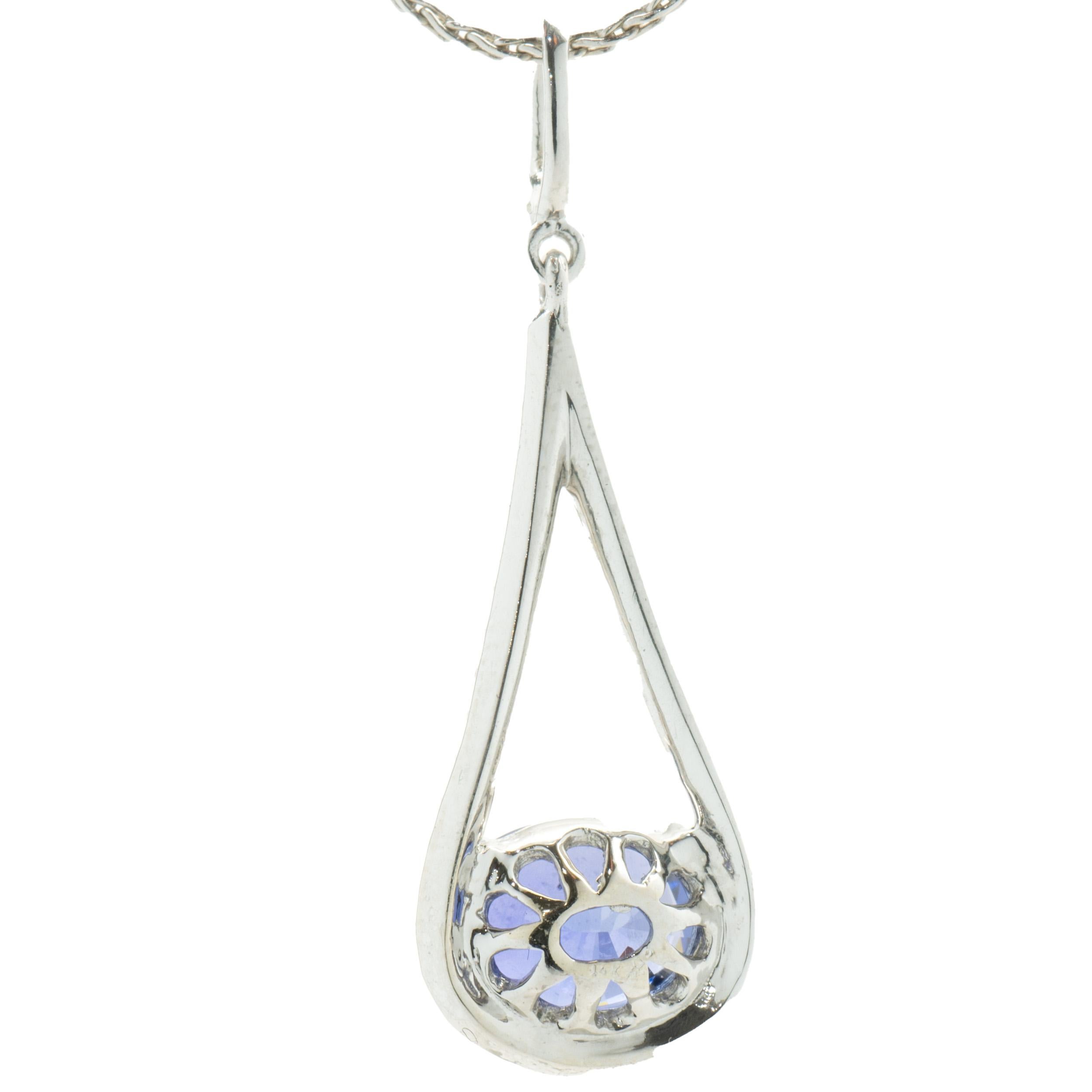 Oval Cut 14 Karat White Gold Oval Sapphire and Diamond Loop Necklace For Sale