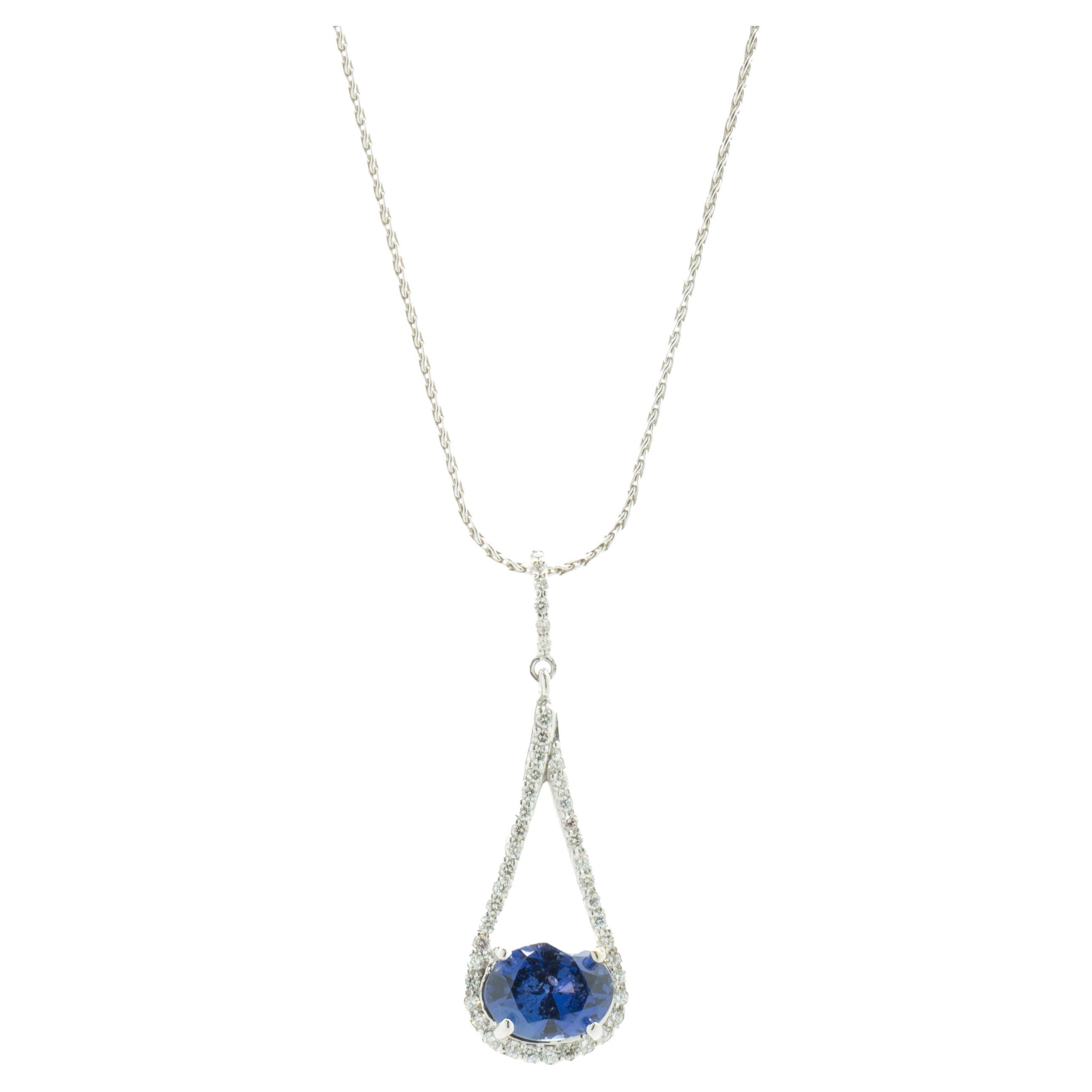 14 Karat White Gold Oval Sapphire and Diamond Loop Necklace For Sale