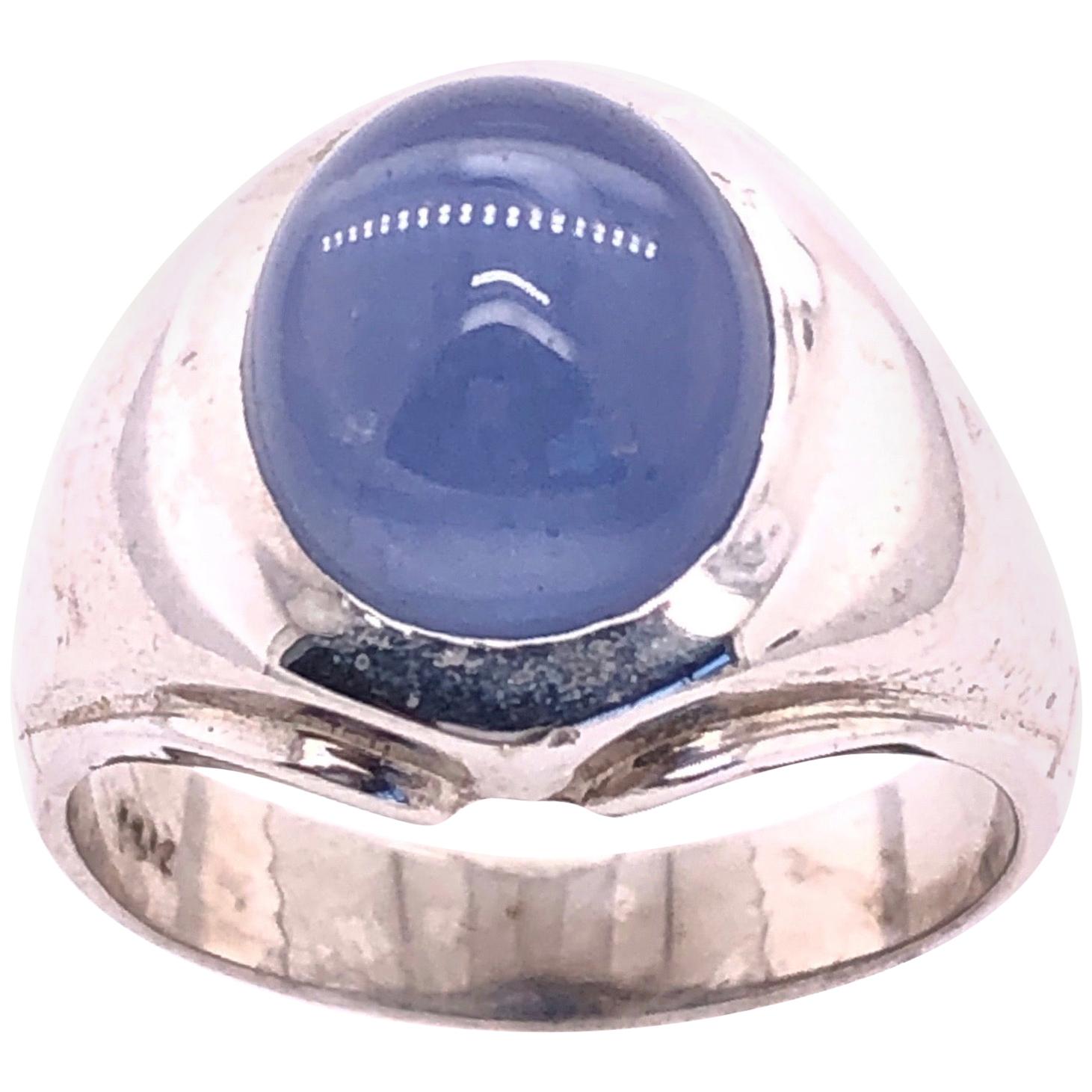14 Karat White Gold Oval Sapphire Cabochon Solitaire Ring For Sale