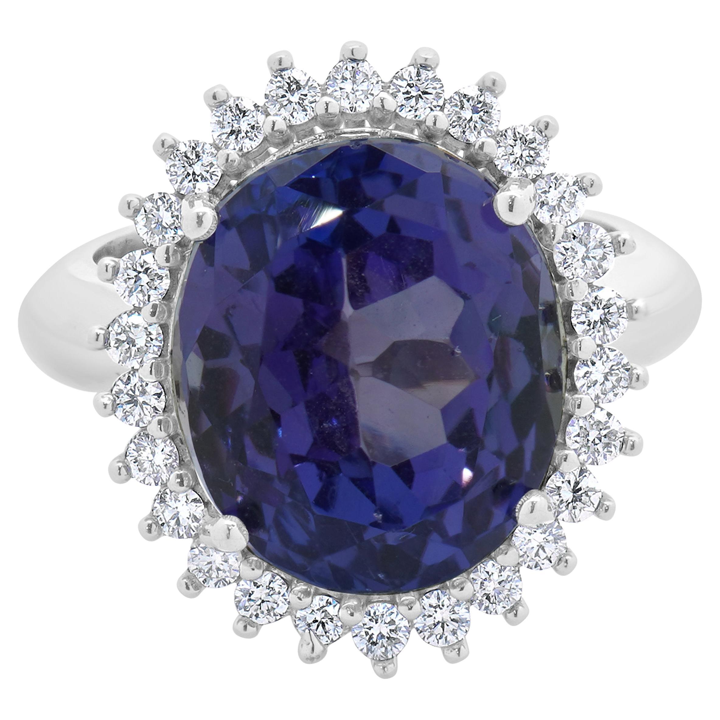 14 Karat Weißgold Ovaler Cocktailring mit Tansanit und Diamant