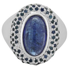 14 Karat Weißgold Ovaler Tansanit-Cabochon, Saphir und Diamant-Cocktailring