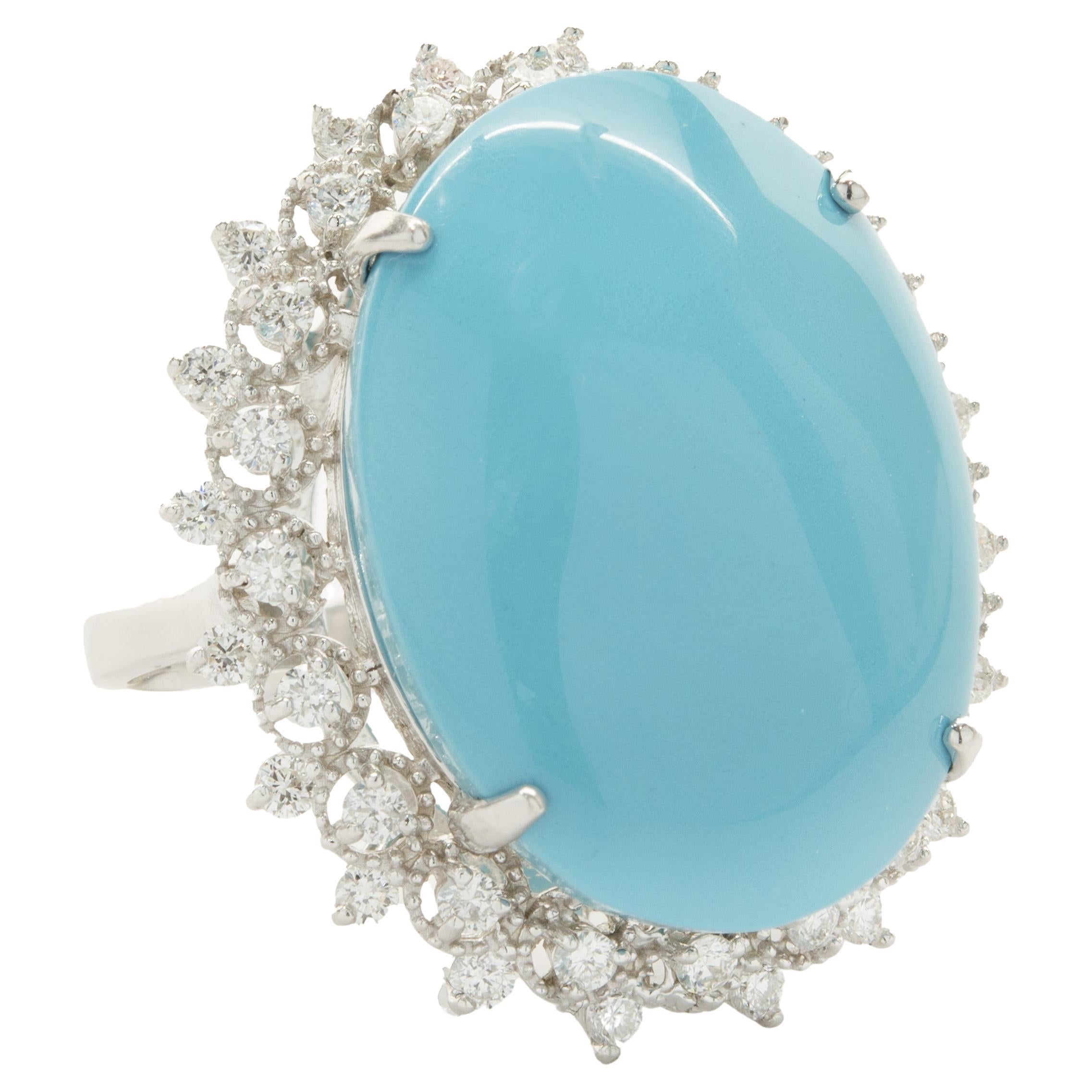 14 Karat White Gold Oval Turquoise and Diamond Cocktail Ring For Sale