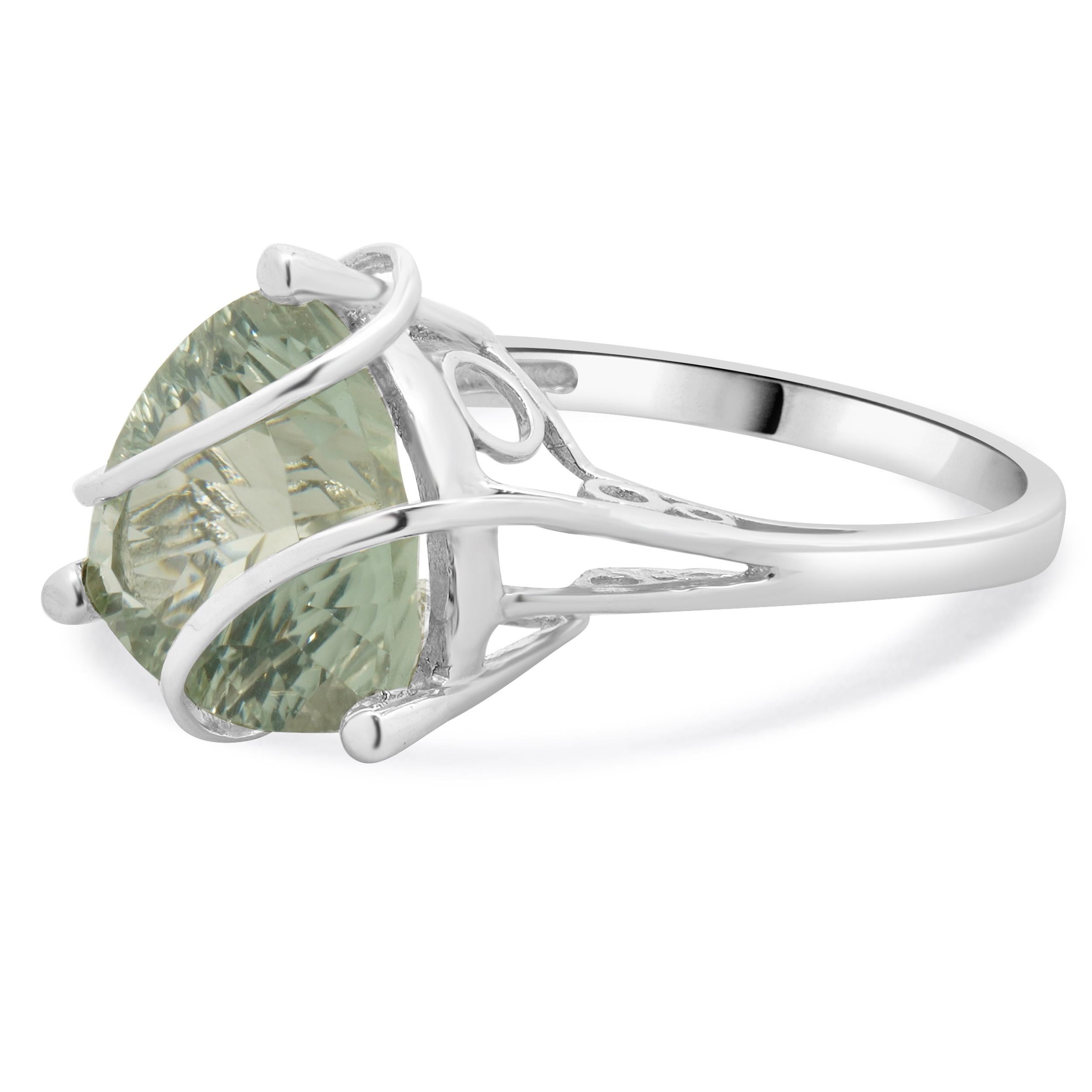 Material: 14K white gold
Prasiolite: Fantasy cut= 4.68cttw
Diamond: 4 single cut = 0.04cttw
Dimensions: Ring top measures 14.21mm
Ring Size: 9 (please allow up to 2 additional business days for sizing requests)
Weight: 4.5 grams