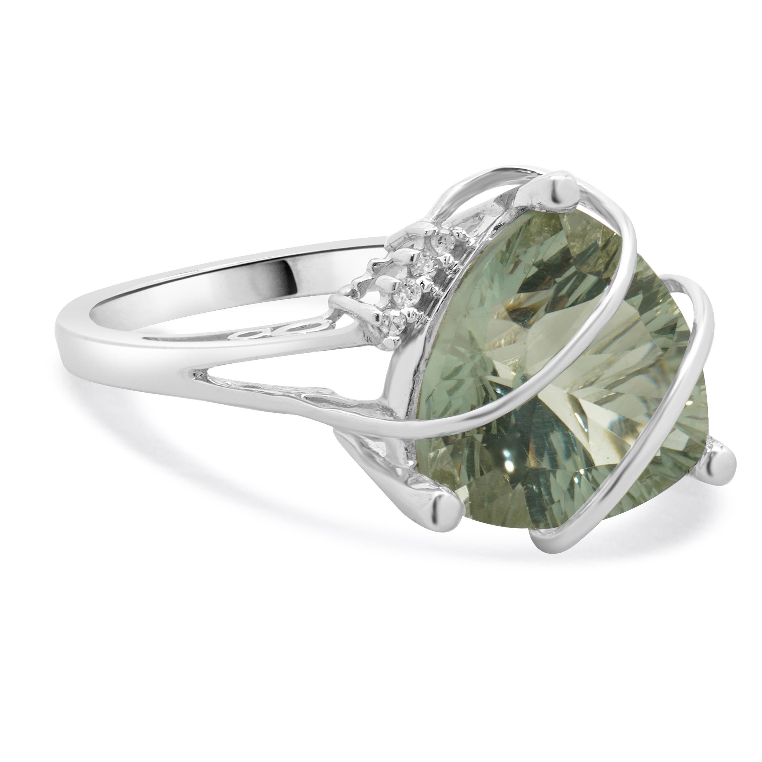 Single Cut 14 Karat White Gold Pale Green Prasiolite and Diamond Ring For Sale