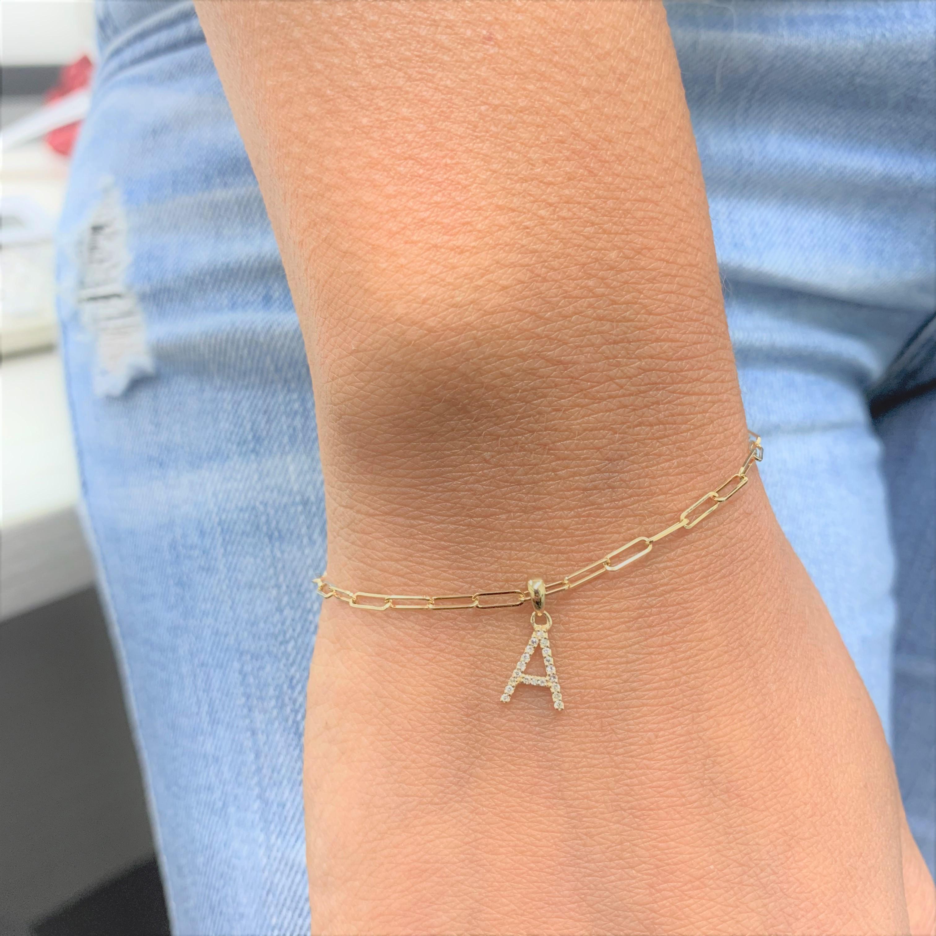 Bracelet à maillons en forme de clip en or blanc 14 carats avec diamants et initiale « S » Pour femmes en vente