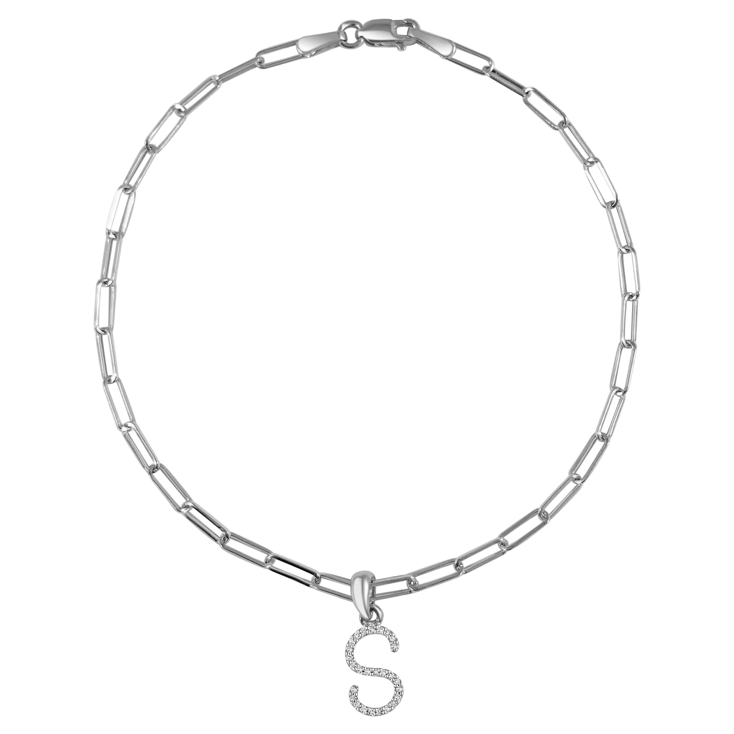 14 Karat White Gold Paperclip Diamond Initial "S" Link Chain Bracelet