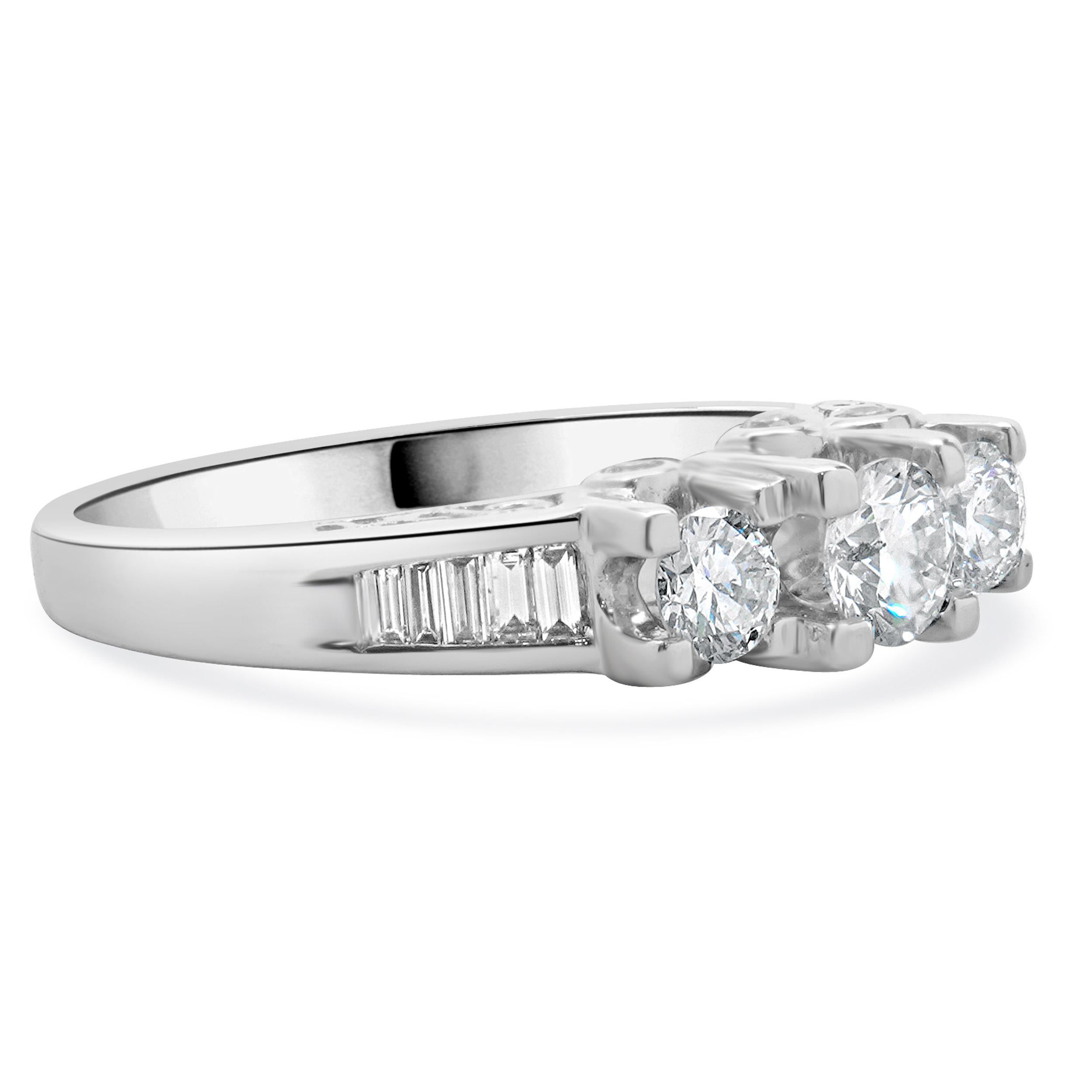Baguette Cut 14 Karat White Gold Past, Present, Future Diamond Engagement Ring For Sale