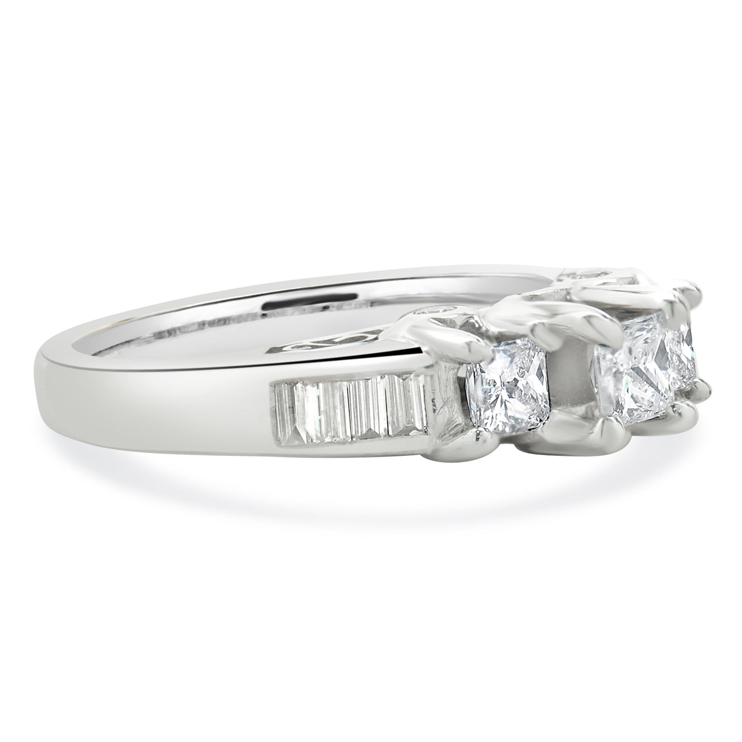 Baguette Cut 14 Karat White Gold Past, Present, Future Diamond Engagement Ring For Sale