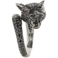 14 Karat White Gold Pave Black Diamond Panther Ring