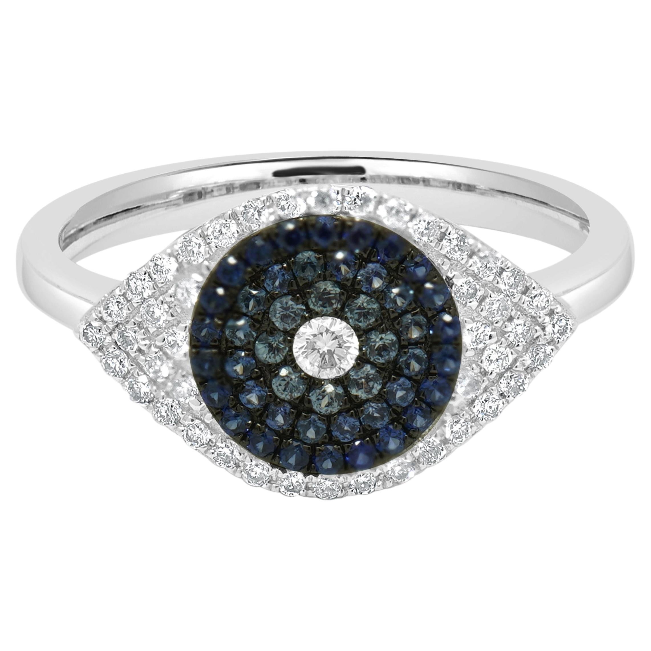 14 Karat White Gold Pave Blue Sapphire and Diamond Evil Eye Ring For Sale