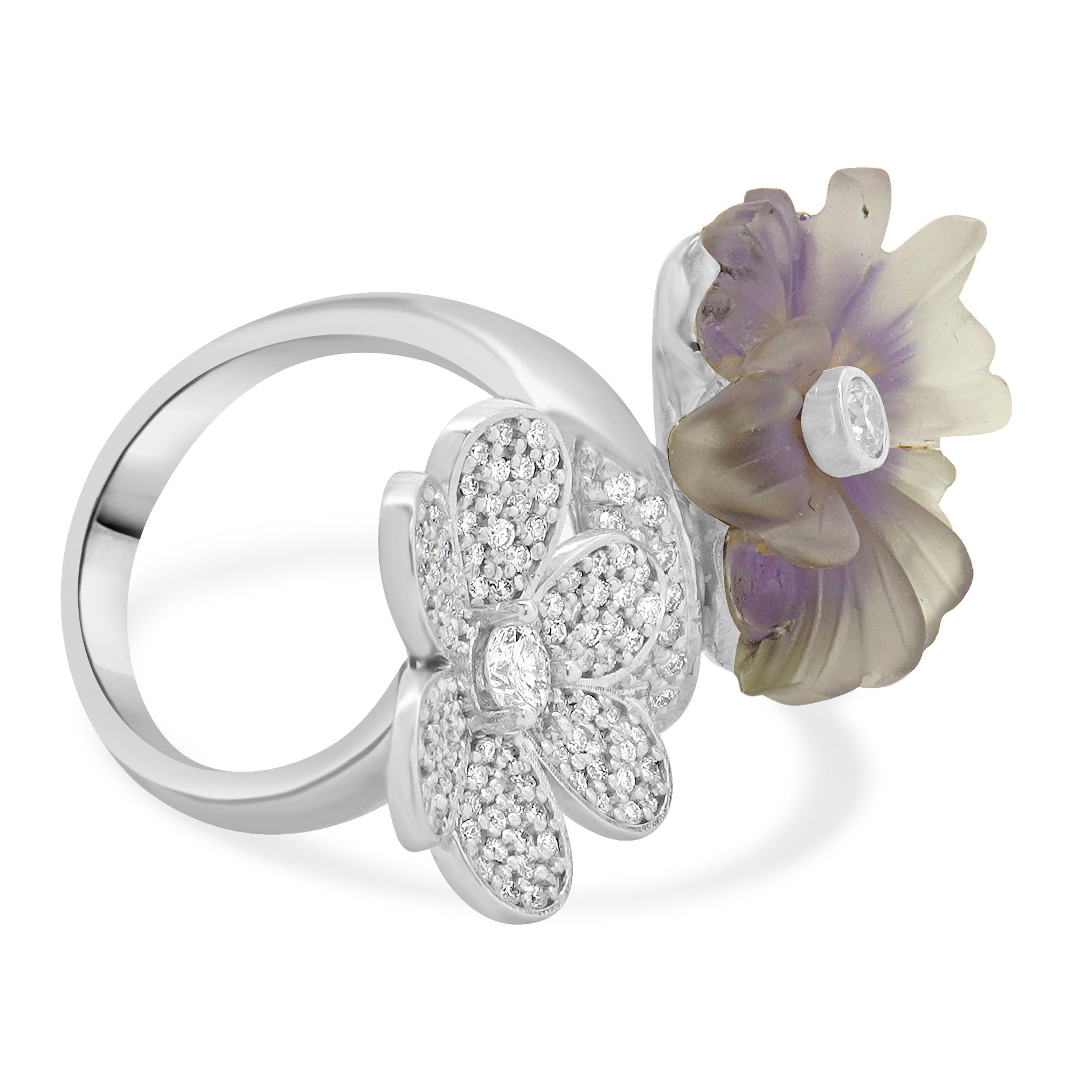 Anello doppio fiore in oro bianco 14 carati con pavé di diamanti e quarzo In condizioni ottime in vendita a Scottsdale, AZ