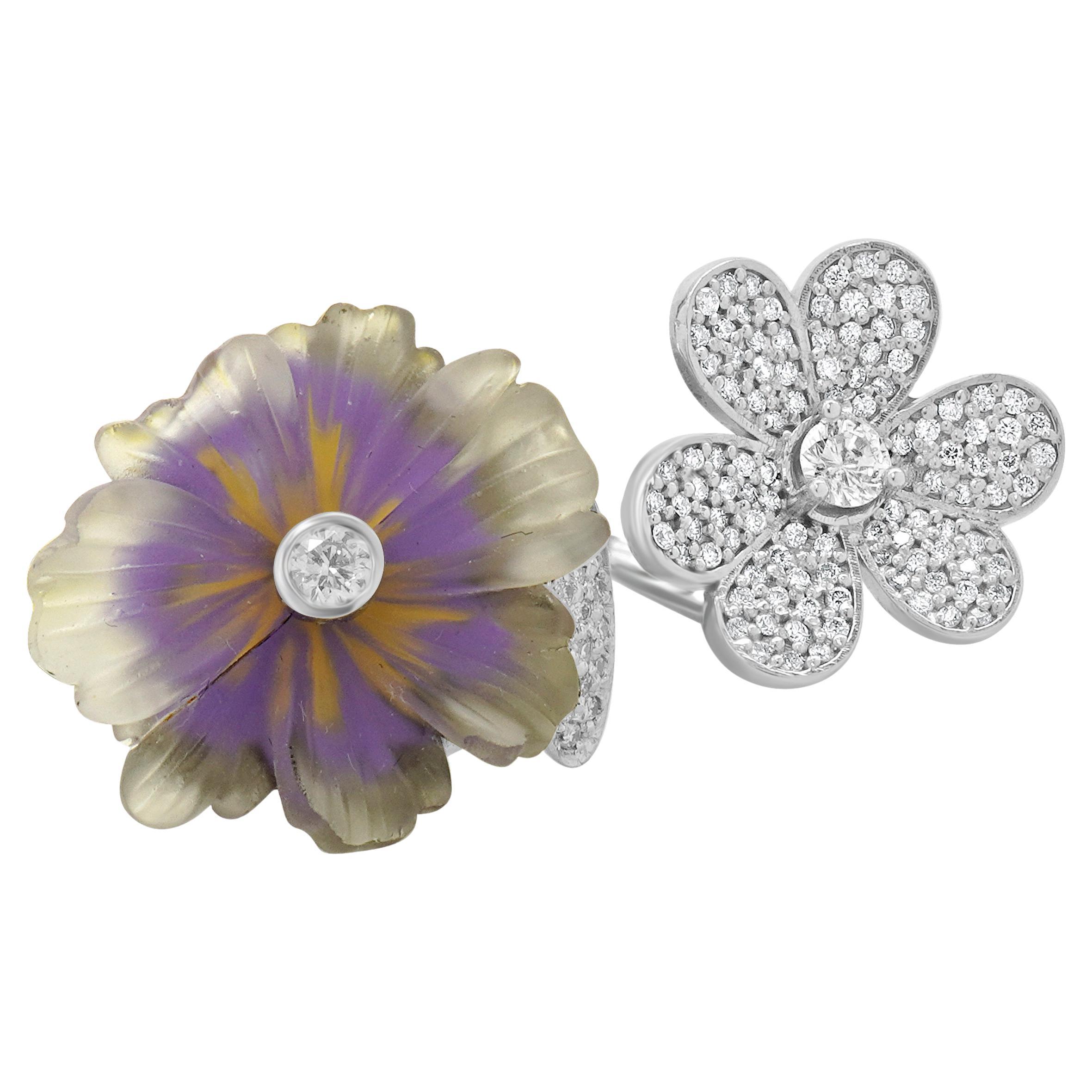 14 Karat White Gold Pave Diamond and Quartz Double Flower Ring