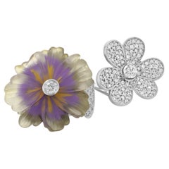 14 Karat White Gold Pave Diamond and Quartz Double Flower Ring
