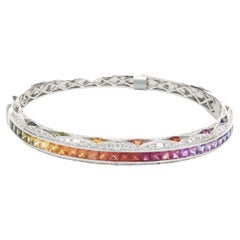 14 Karat White Gold Pave Diamond and Rainbow Sapphire Cut Out Bangle Bracelet