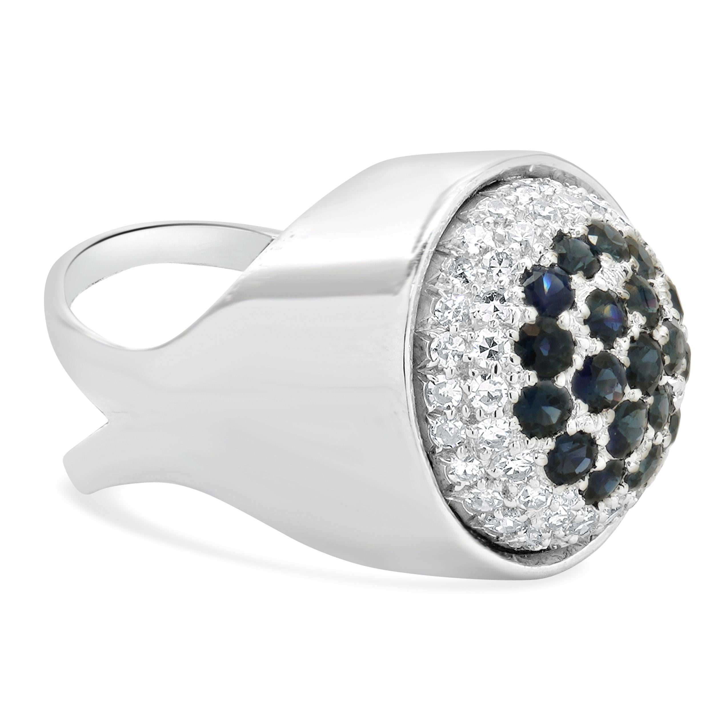 Round Cut 14 Karat White Gold Pave Diamond and Sapphire Dome Ring For Sale