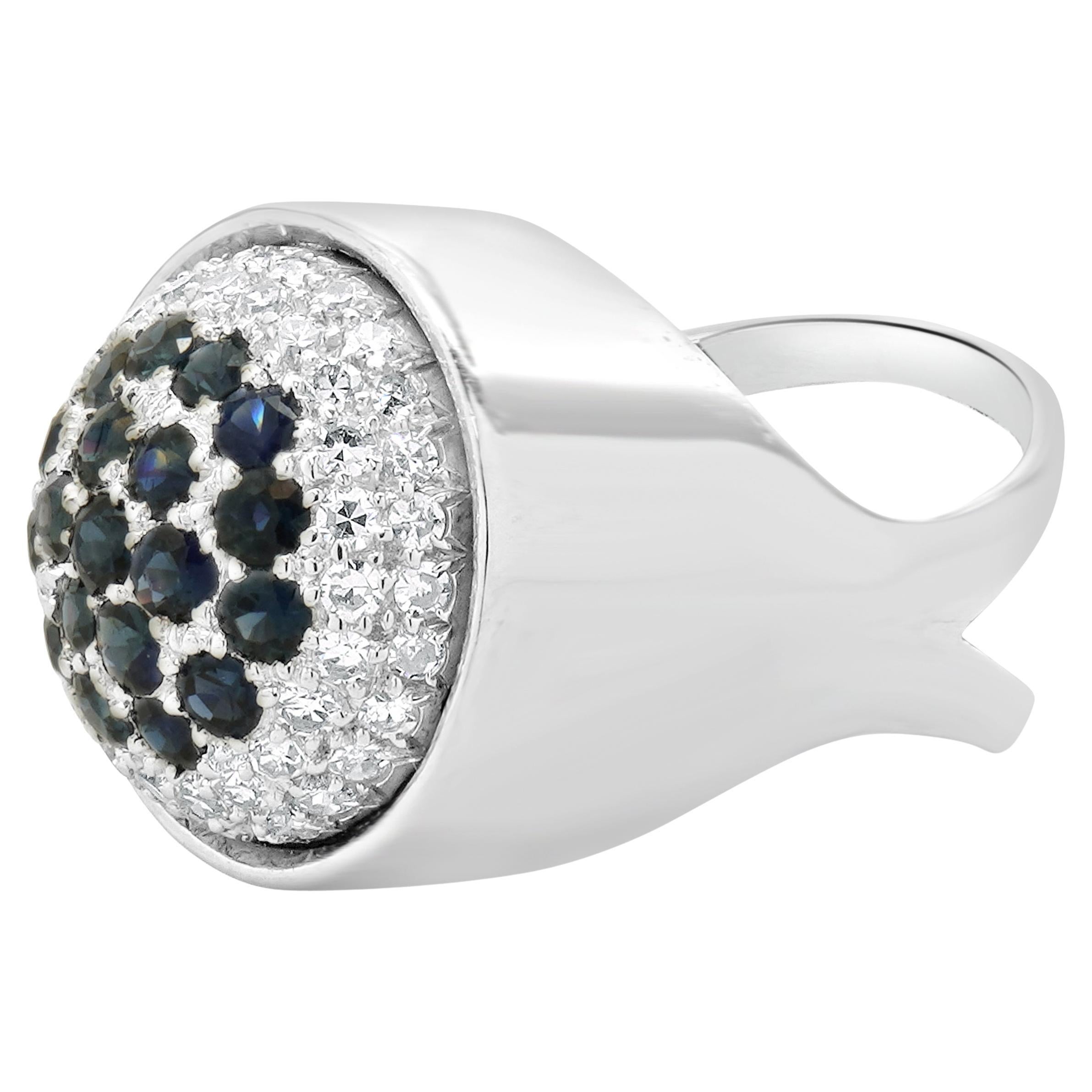 14 Karat White Gold Pave Diamond and Sapphire Dome Ring For Sale
