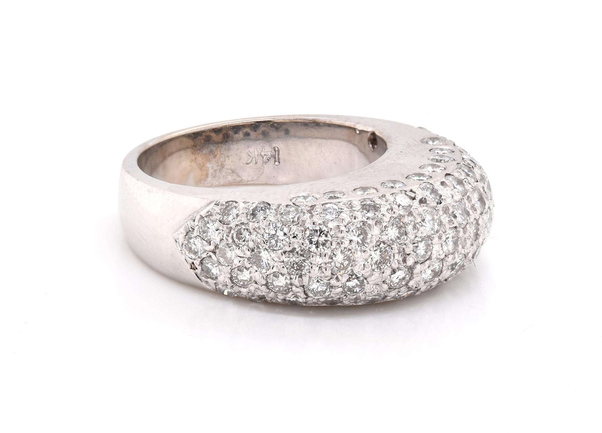 Designer: custom
Material: 14K white gold
Diamonds: 87 round cut =1.50cttw
Color: G
Clarity: VS1
Ring size: 6 (please allow two additional shipping days for sizing requests)
Dimensions: ring top is 7.5mm wide 
Weight:  9.02 grams 
