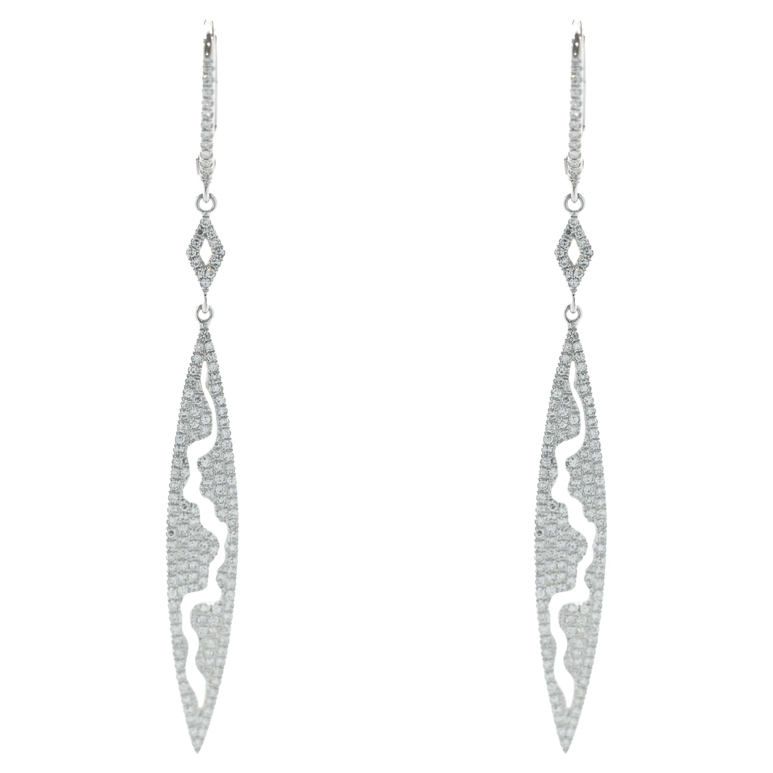 14 Karat White Gold Pave Diamond Drop Earrings For Sale