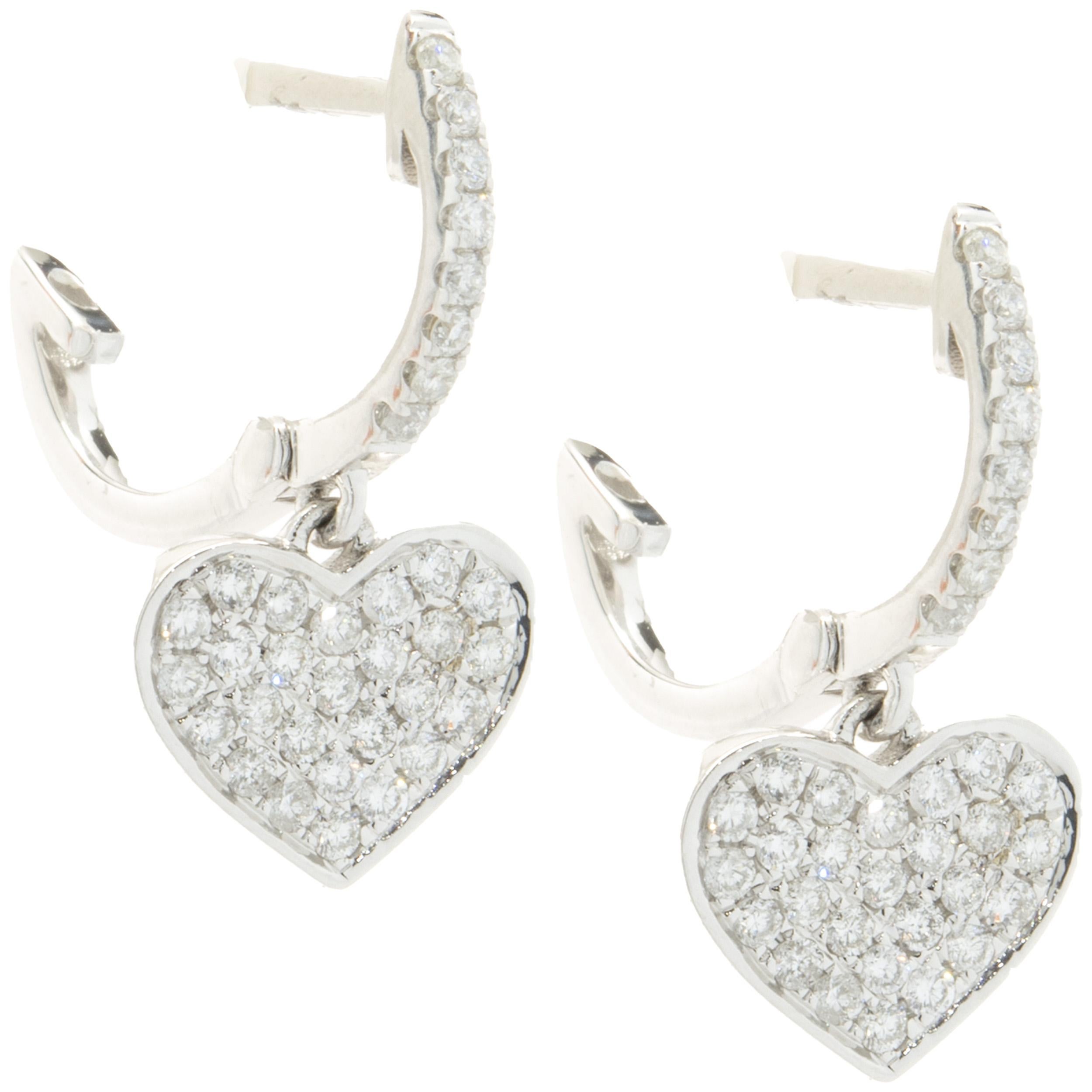 Round Cut 14 Karat White Gold Pave Diamond Heart Drop Earrings For Sale