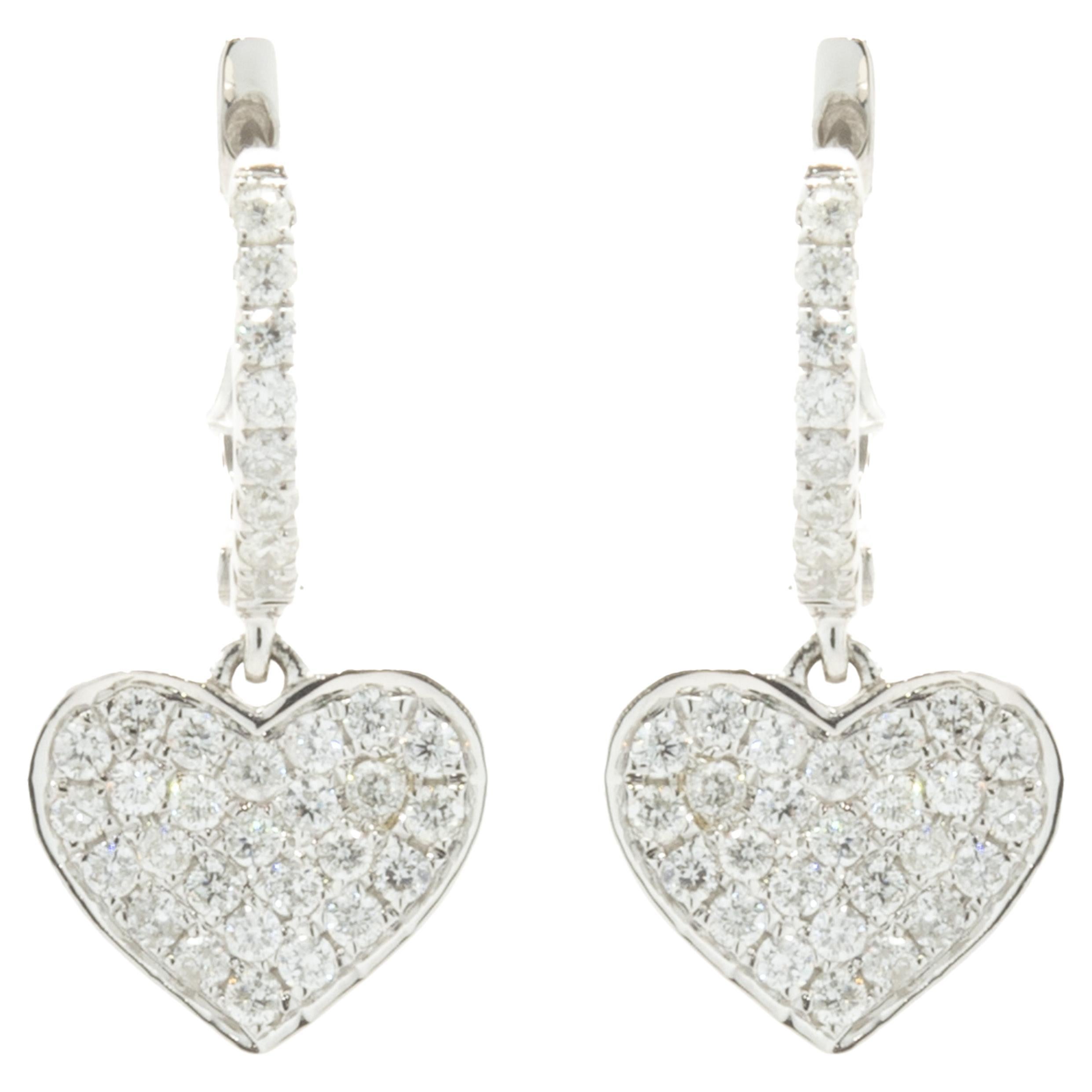 14 Karat White Gold Pave Diamond Heart Drop Earrings