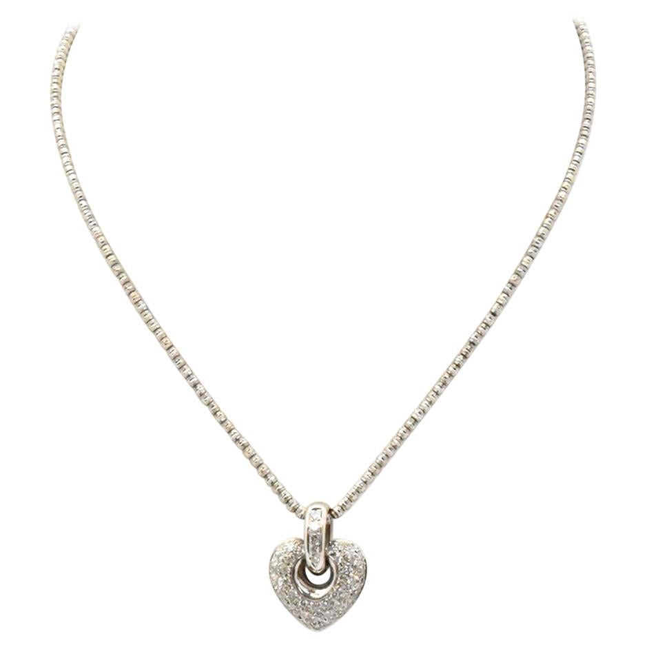 14 Karat White Gold Pave Diamond Heart Pendant Necklace For Sale