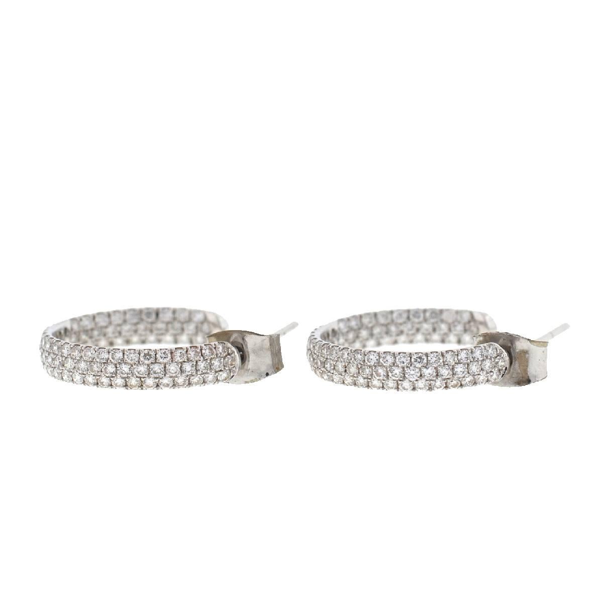 Women's 14 Karat White Gold Pave Diamond Hoop Earrings 1.25 Carat