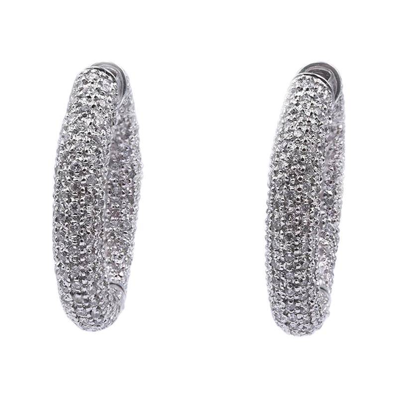 14 Karat White Gold Pave Diamond Hoop Earrings