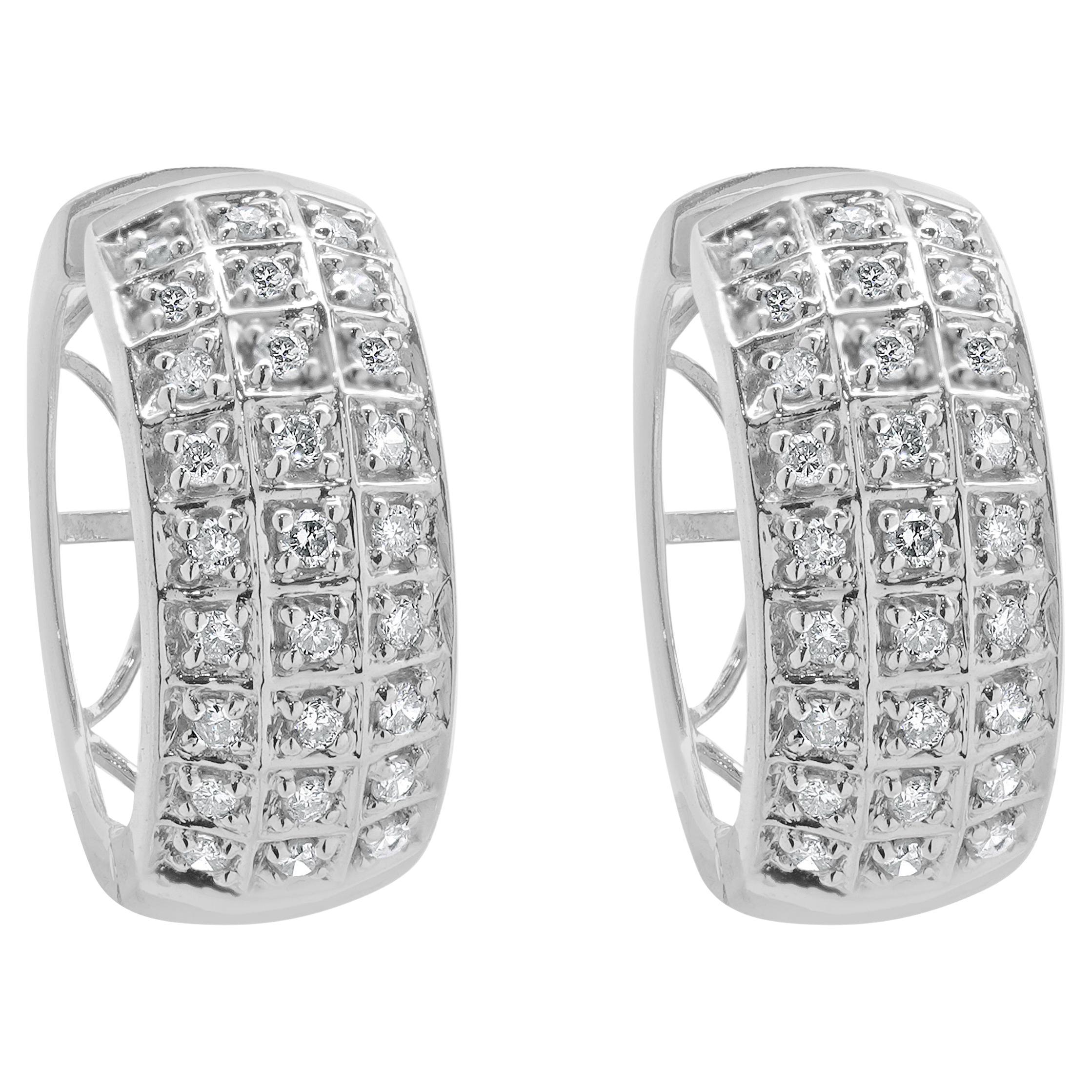 14 Karat White Gold Pave Diamond Huggie Hoop Earrings