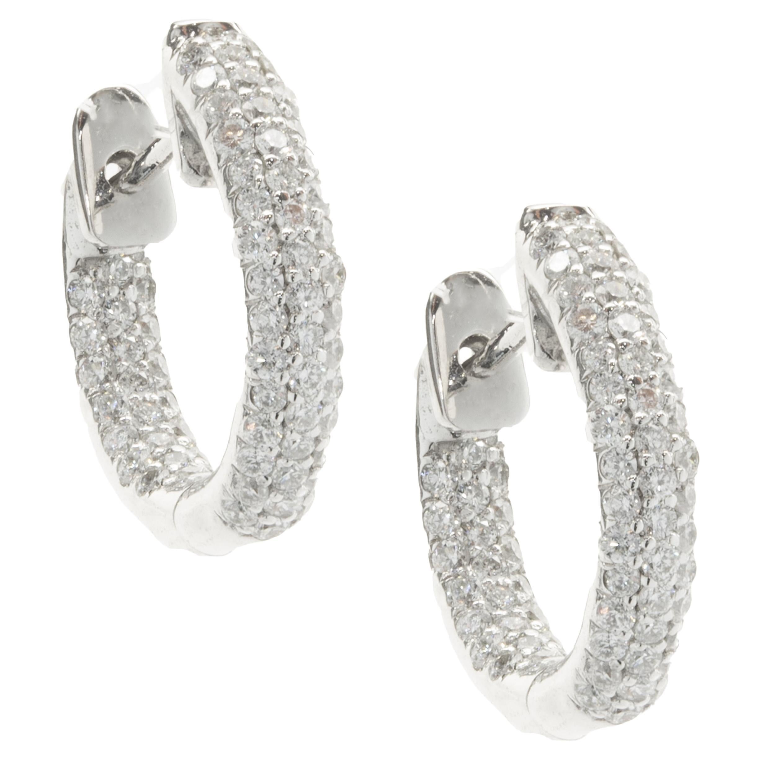 14 Karat White Gold Pave Diamond Inside Outside Huggie Hoop Earrings For Sale