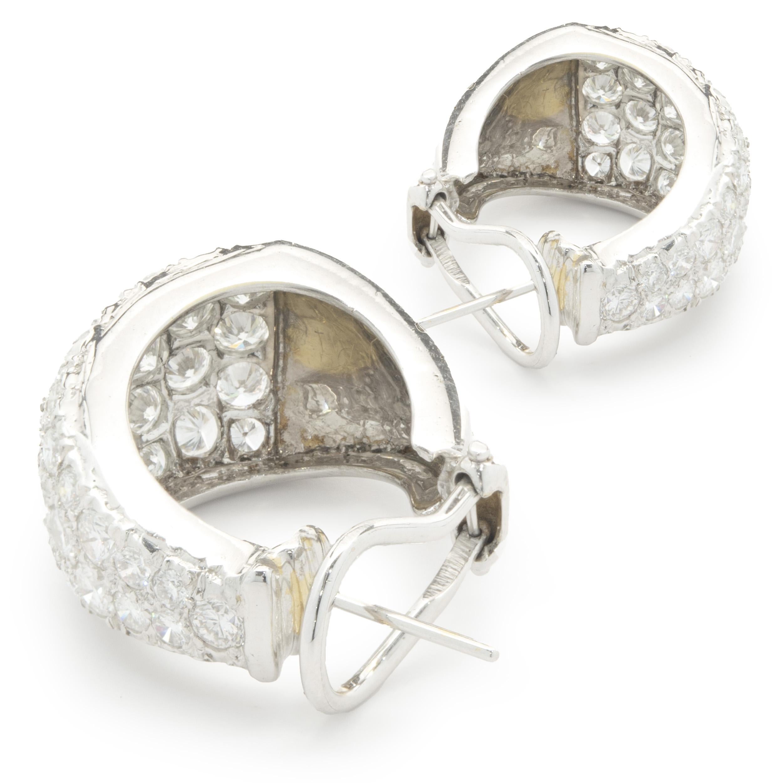 Round Cut 14 Karat White Gold Pave Diamond J Style Hoop Earrings For Sale