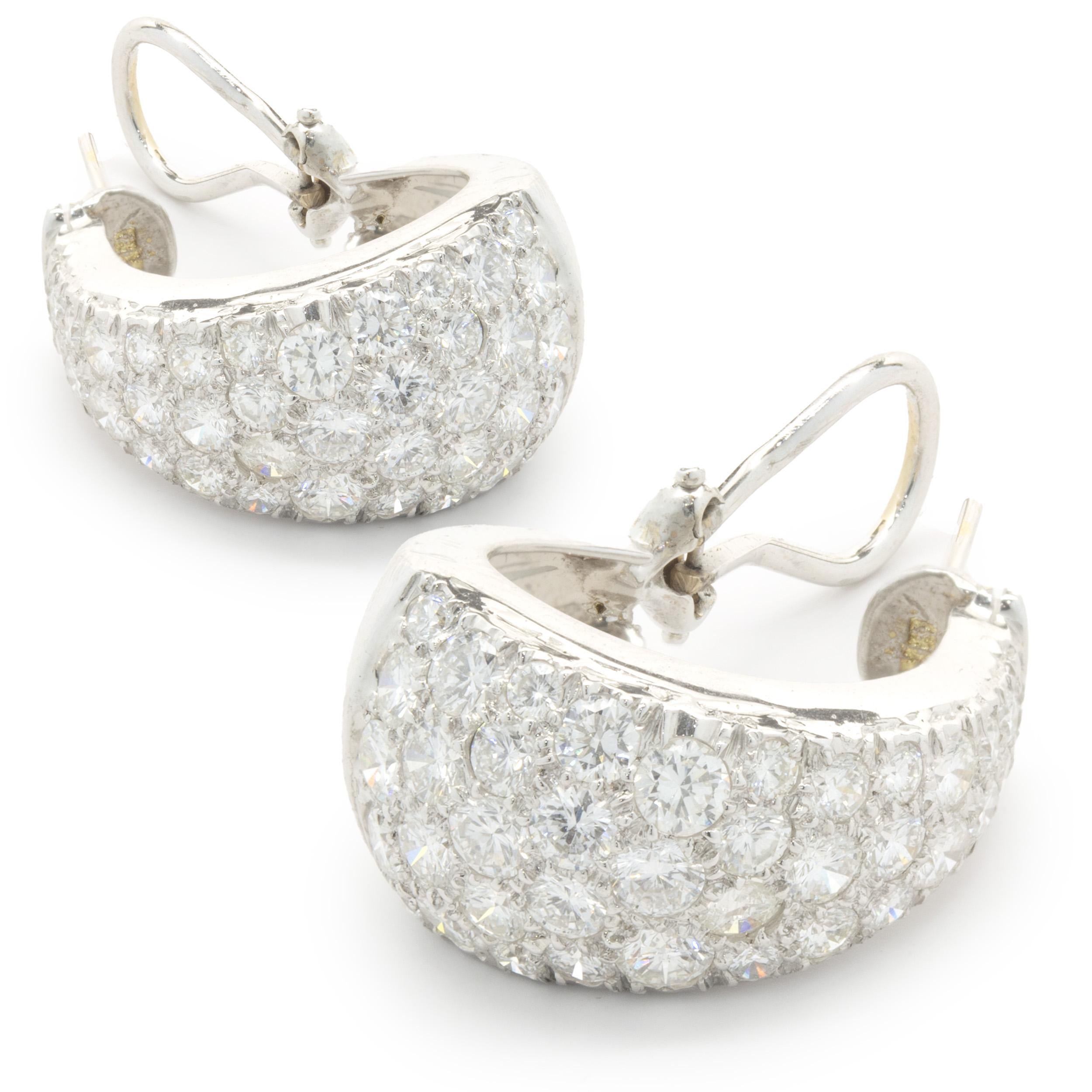 14 Karat White Gold Pave Diamond J Style Hoop Earrings In Excellent Condition For Sale In Scottsdale, AZ