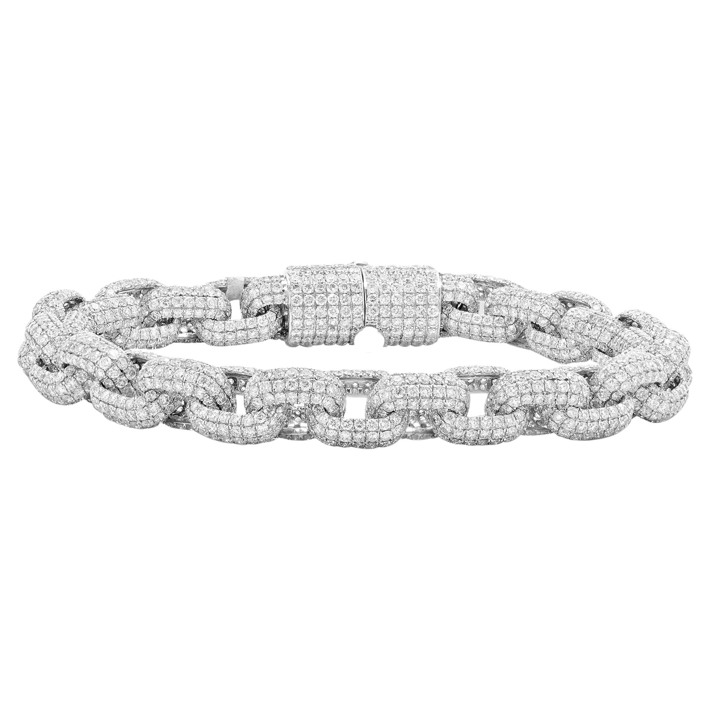 Bracelet à maillons ovales en or blanc 14 carats pavé de diamants