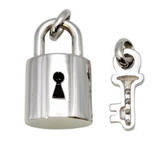 14 Karat White Gold Pave Diamond Padlock and Key Charm / Pendant Set 1.00 Carats