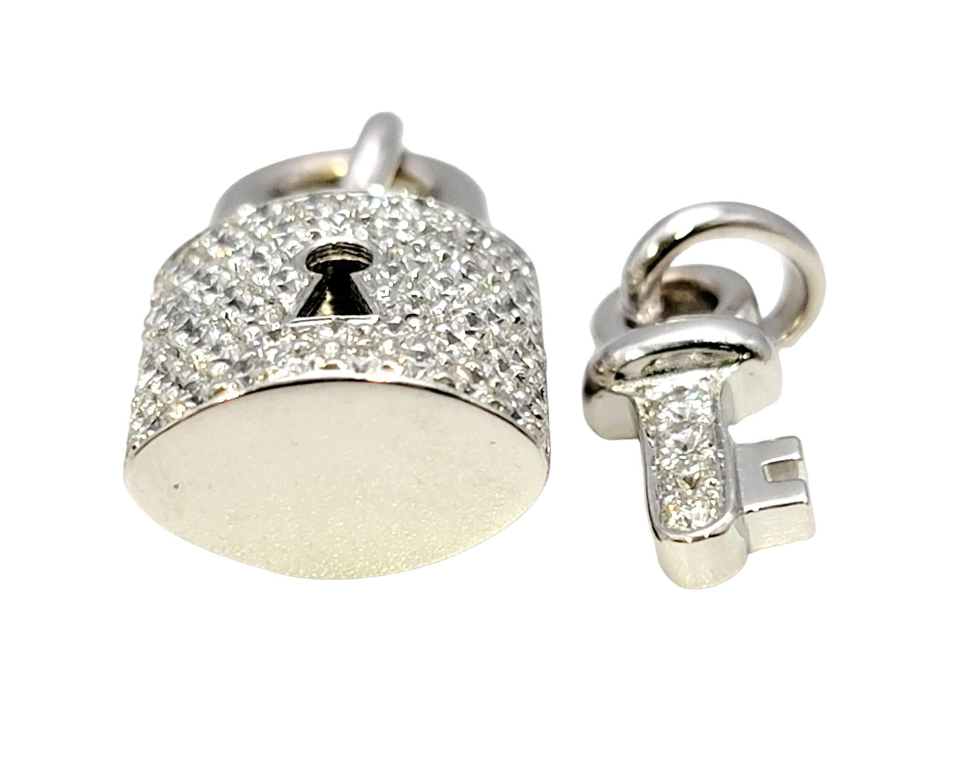 14 Karat White Gold Pave Diamond Padlock and Key Charm / Pendant Set 1.00 Carats In Excellent Condition In Scottsdale, AZ