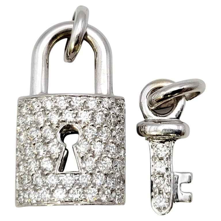 14 Karat White Gold Pave Diamond Padlock and Key Charm / Pendant Set 1.