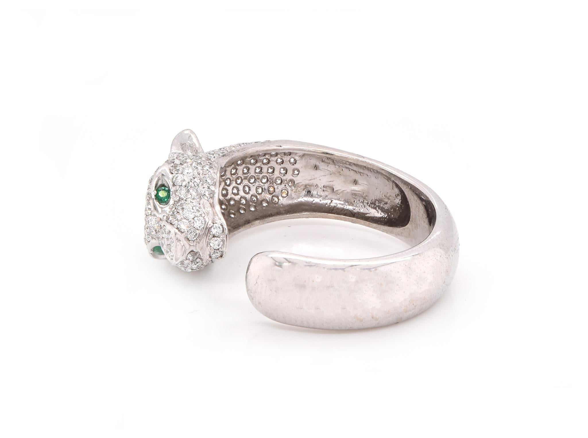 Round Cut 14 Karat White Gold Pave Diamond Panther Ring with Emerald Eyes