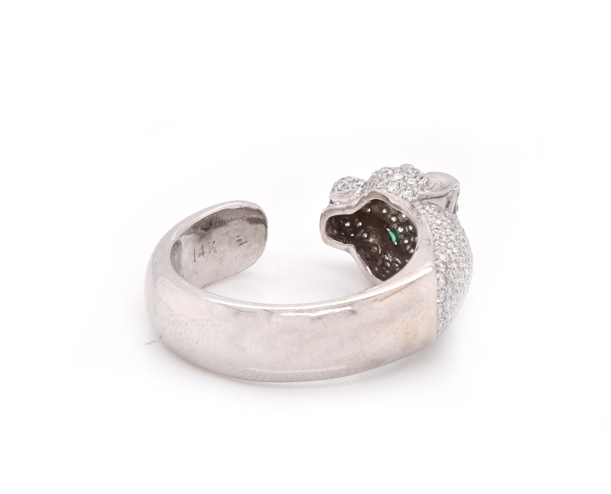 14 Karat White Gold Pave Diamond Panther Ring with Emerald Eyes In Excellent Condition In Scottsdale, AZ