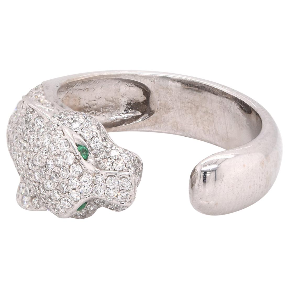 14 Karat White Gold Pave Diamond Panther Ring with Emerald Eyes