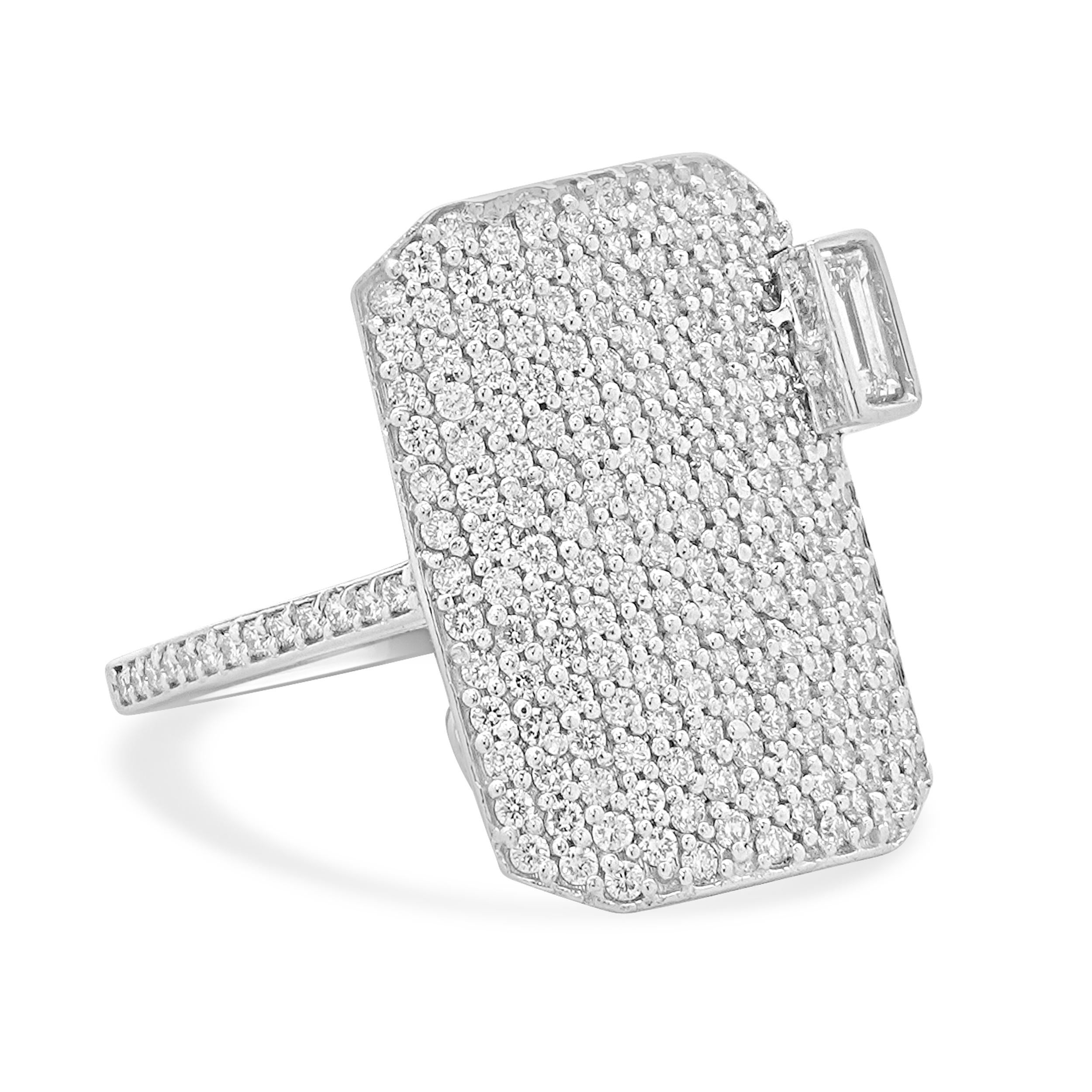 14 Karat White Gold Pave Diamond Shield Ring with Emerald Cut Diamond In Excellent Condition For Sale In Scottsdale, AZ