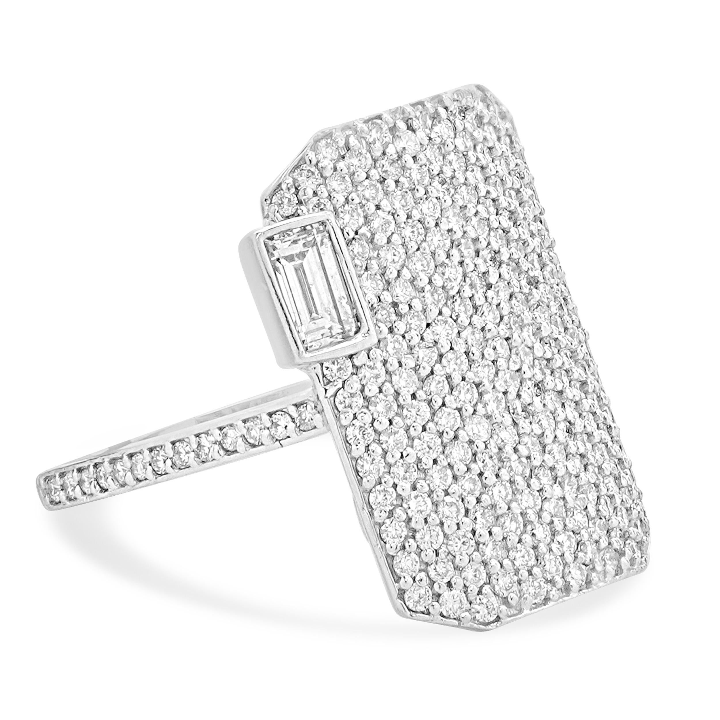 Women's 14 Karat White Gold Pave Diamond Shield Ring with Emerald Cut Diamond For Sale
