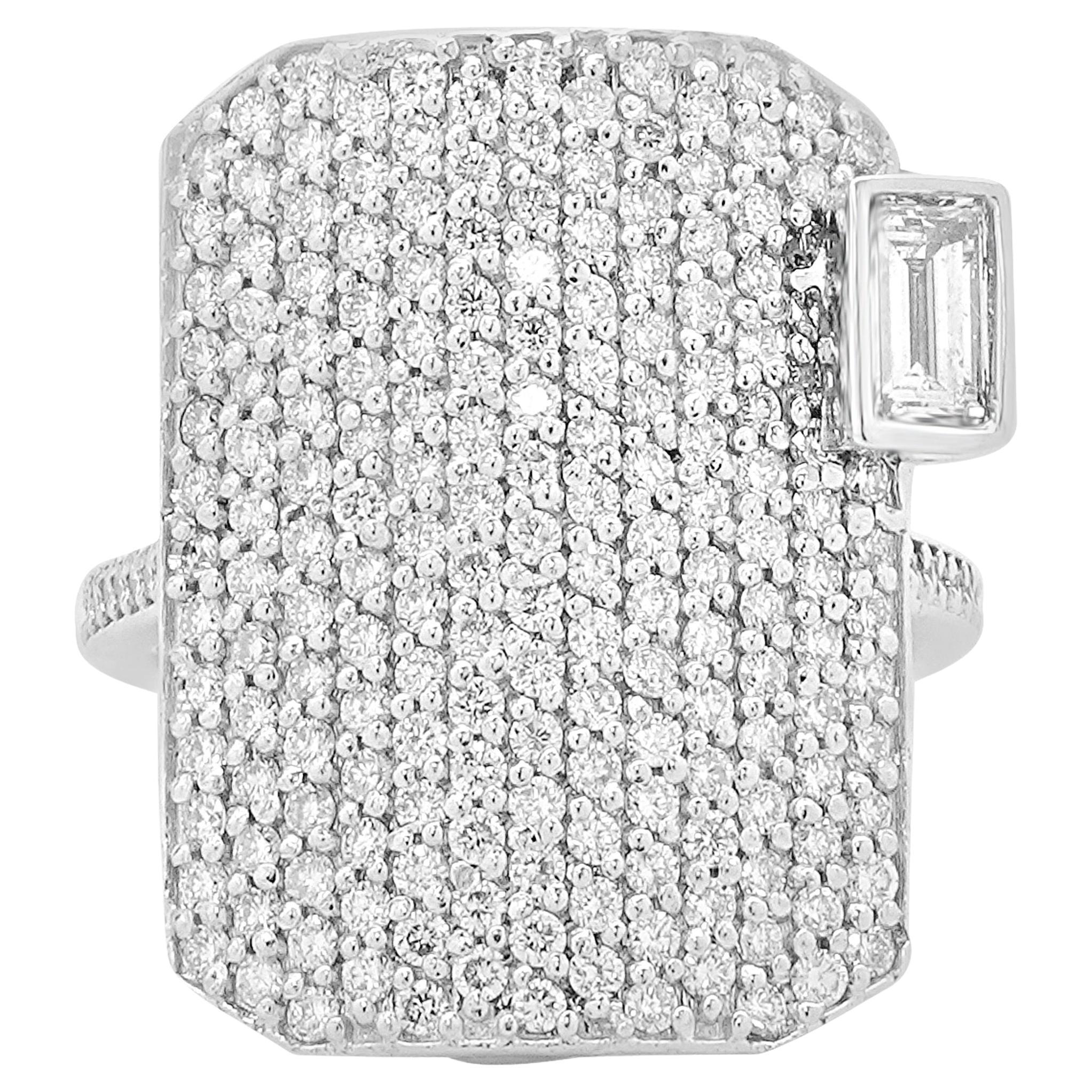 14 Karat White Gold Pave Diamond Shield Ring with Emerald Cut Diamond
