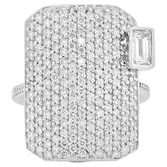 14 Karat White Gold Pave Diamond Shield Ring with Emerald Cut Diamond
