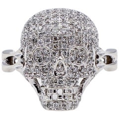 14 Karat White Gold Pave Diamond Skull Cocktail Statement Ring